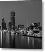 Baltimore Inner Harbor Skyline Reflections Bw Metal Print