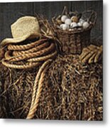Basket Of Eggs On Straw In The Barn Metal Print