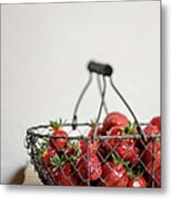 Basket Of Strawberries On Wooden Table Metal Print