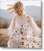 Beautiful Hippie Woman Dancing In A Meadow Metal Print