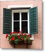 Beautiful Window With Flower Box And Shutters Metal Print