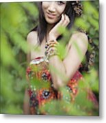 Beautiful Young Woman In Nature Behind Foliage. Metal Print