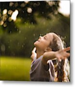 Beauty Girl Enjoying On The Rain In Nature Metal Print