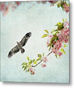 Bird And Pink And Green Flowering Branch On Blue Metal Print