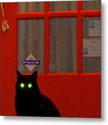 Black Cat Red Door Metal Print