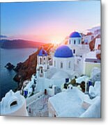 Blue Domed Churches At Sunset, Oia Metal Print