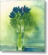 Blue Tulips In Glass Vase Metal Print