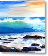 Blue Water Wave Crashing On Rocks Metal Print