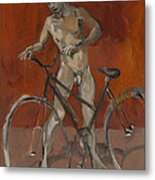 Boy With Bicycle Red Oxide Metal Print