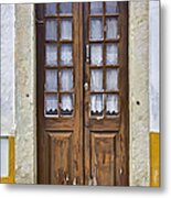 Brown Wood Door With Lace Curtains Metal Print