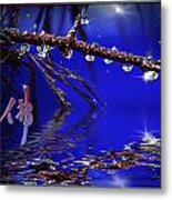Buddha In Blue With Dew Drops On Branch Above Water Reflection Metal Print