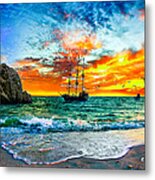 Cabo San Lucas-fantasy Pirate Ship-sailing Sunset Metal Print