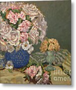 Camellias In Blue And White Vase Metal Print