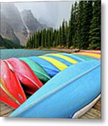 Canoes Line Dock At Moraine Lake, Banff Metal Print
