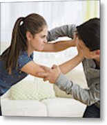 Caucasian Brother And Sister Fighting Metal Print