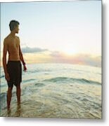 Caucasian Teenage Boy Standing On Beach Metal Print