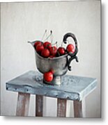 Cherries In Vintage Bowl On Stool Metal Print