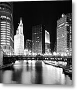 Chicago River Bridge Skyline Black White Metal Print