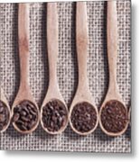 Coffee Beans And Grinds On Wooden Spoons Metal Print