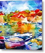 Colorful Watercolor Boats European Water Scape Metal Print