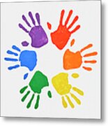 Coloured Handprints Facing Outwards Metal Print