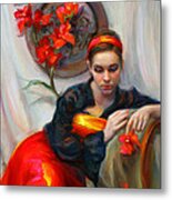 Common Threads - Divine Feminine In Silk Red Dress Metal Print