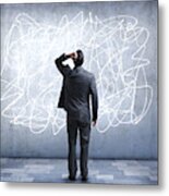 Confused Businessman Staring At Scribble On Wall Metal Print