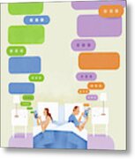 Couple Lying In Bed Texting On Smart Metal Print