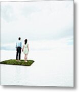 Couple On Small Island In Large Body Of Metal Print
