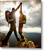 Couple On Top Of A Mountain Shaking Metal Print