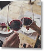 Couple Toasting With Wine In Cafe Metal Print