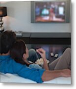 Couple Watching Television Together And Eating Popcorn Metal Print