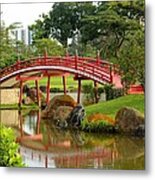 Curved Red Japanese Bridge And Stream Chinese Gardens Singapore Metal Print