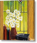 Daisies And Stained Glass Window Metal Print