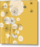 Daisies, Sunflower And Bees On Sunny Background Metal Print