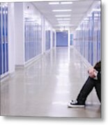 Depressed Boy In School Hallway Metal Print