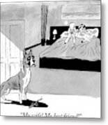 Dog Enters Room Where Poodle And Man Are In Bed Metal Print