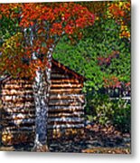 Dry Brush Painting Effect Red Leaves Over A Log Cabin Metal Print
