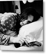 Early Twenties Woman Waking With Hand On Handgun Under Pillow At Night In Bed In A Bedroom Metal Print