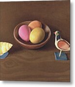 Easter Eggs, Shell And Bird Oil On Canvas Metal Print