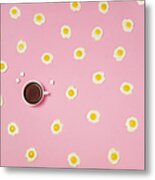 Eggs With Coffee Cup On Pink Background Metal Print
