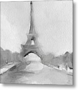 Eiffel Tower Watercolor Painting - Black And White Metal Print