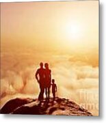Family Together On Mountain Looking On Sunset Metal Print