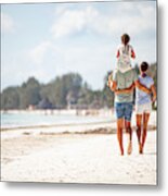 Family With One Daughter Walking On Sandy Beach Metal Print