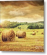Field Of Freshly Bales Of Hay With Beautiful Sunset Metal Print