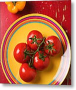 Five Tomatoes On Plate Metal Print