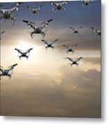 Flock Of Drones In The Sky At Sunset Metal Print