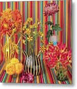 Flower Vases Against Striped Fabric Metal Print