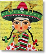 Frida Kahlo With Sombrero And Chihuahuas Metal Print