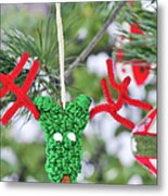 Funny Reindeer Ornament On Pine Tree Metal Print